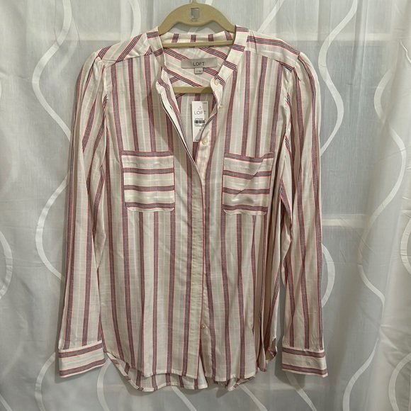 LOFT Tops - Loft Ivory Striped Long Sleeve Button Down Blouse, Size Small